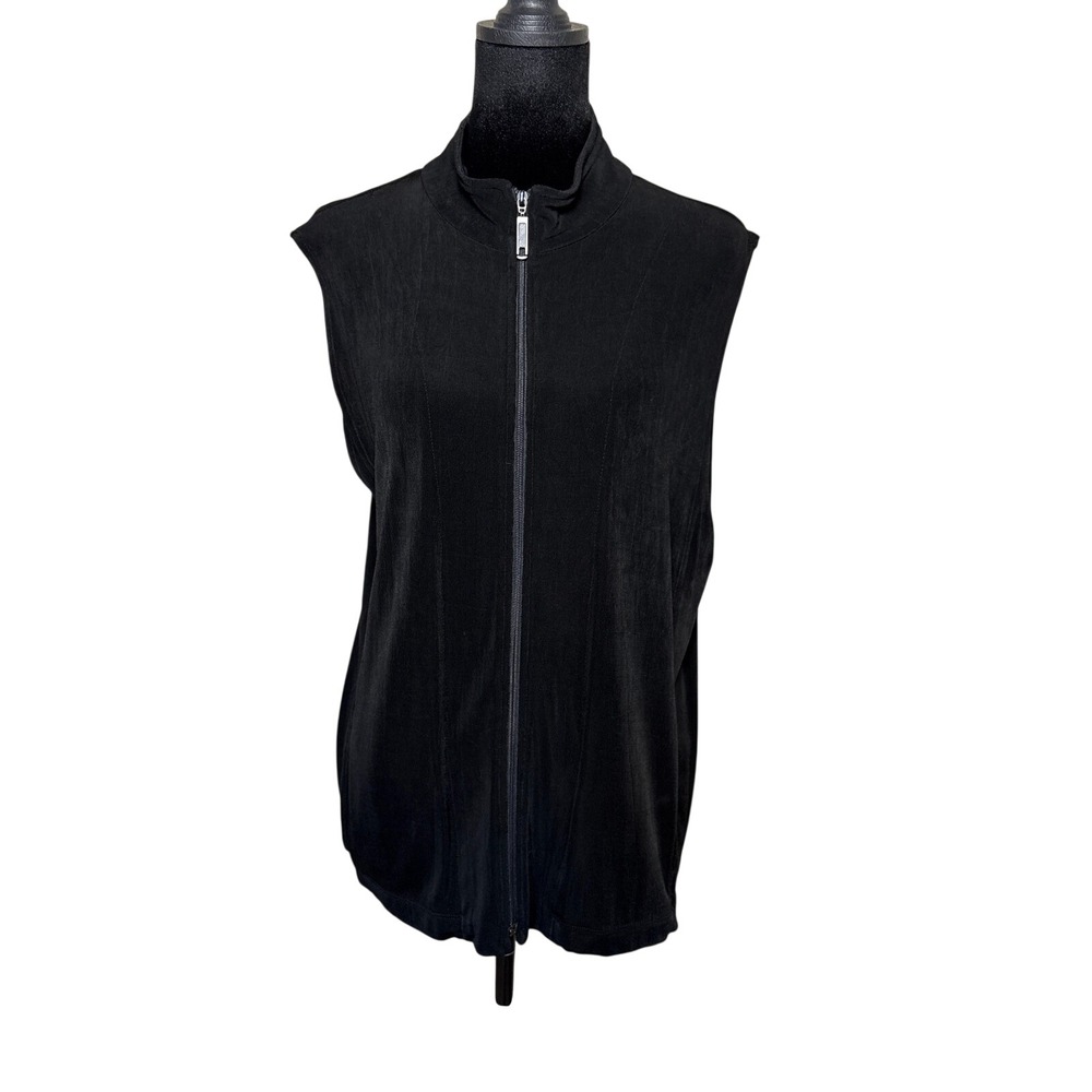 Chicos Travelers Black Slinky Knit Full Zip Mock Neck Vest Pockets Size 1 M